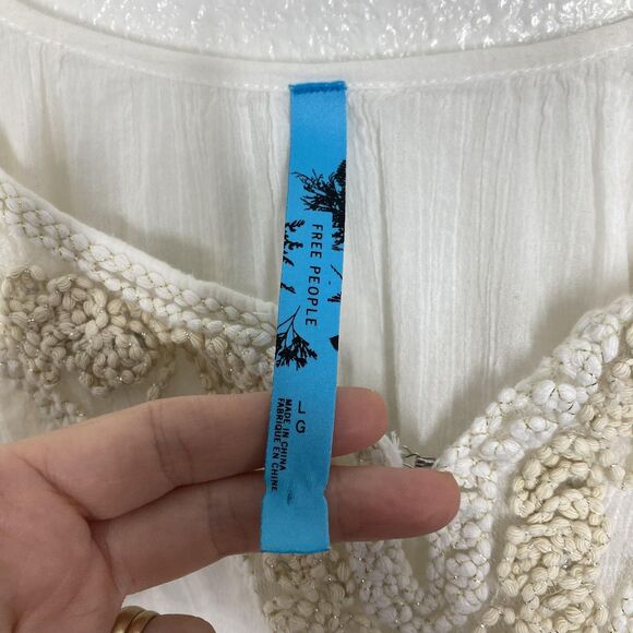 Free People Shirt Womens Large cream Boho Peasant Tunic Embroidered Beaded - Picture 15 of 16